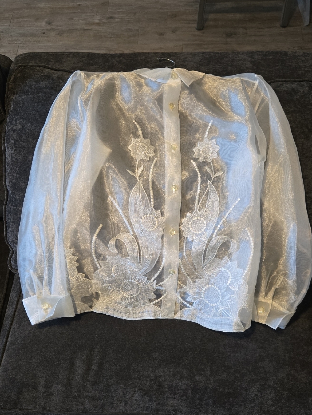 Jordan Sheer Embroidered Button-Down Blouse in White